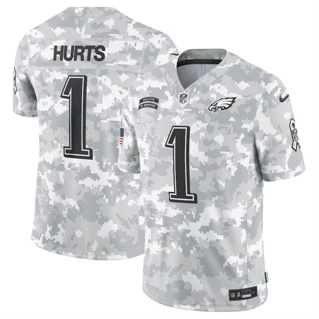 Men's Arctic Camo Philadelphia Eagles #1 Jalen Hurts 2024 Salute To Service Limited Stitched Football Jersey
